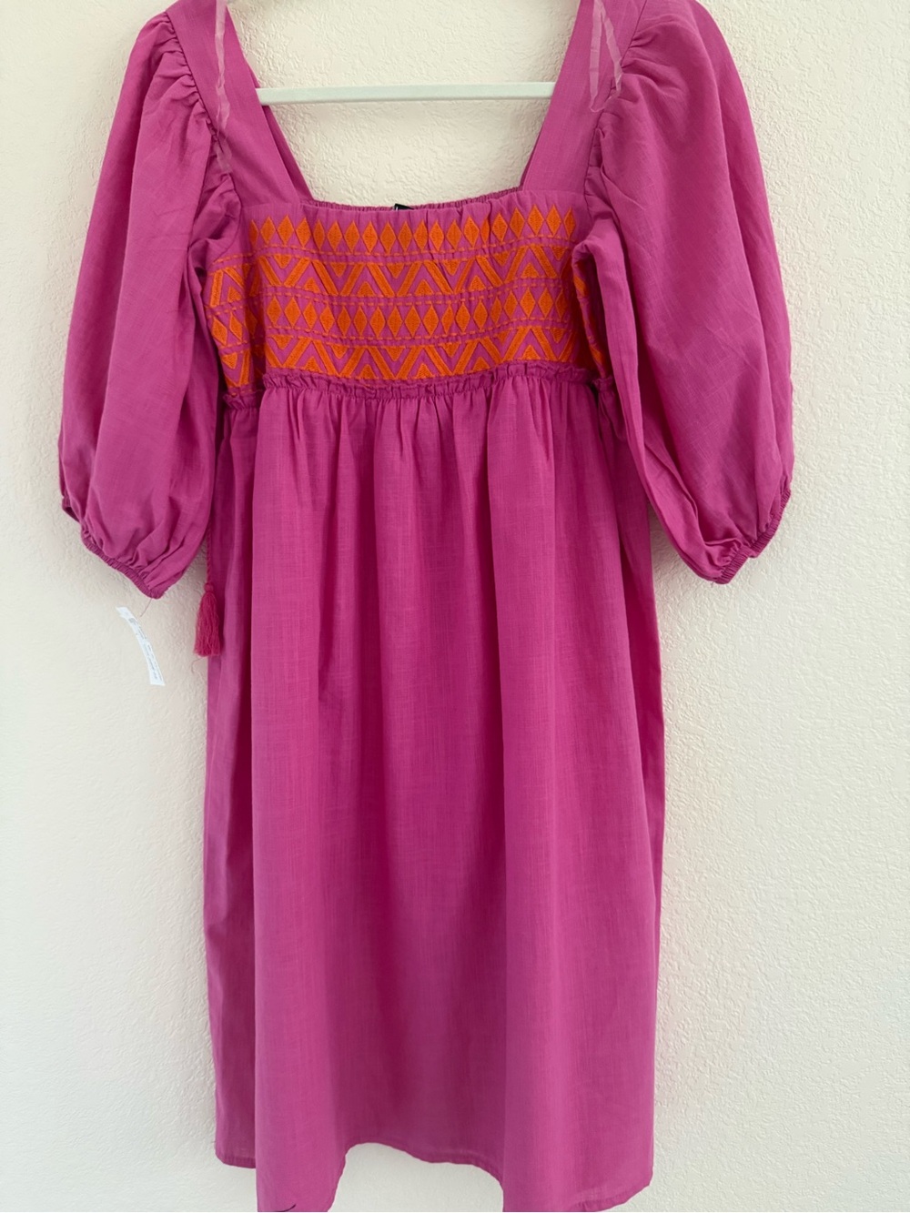 Girls' Fuchsia Puff-Sleeve Embroidered Dress